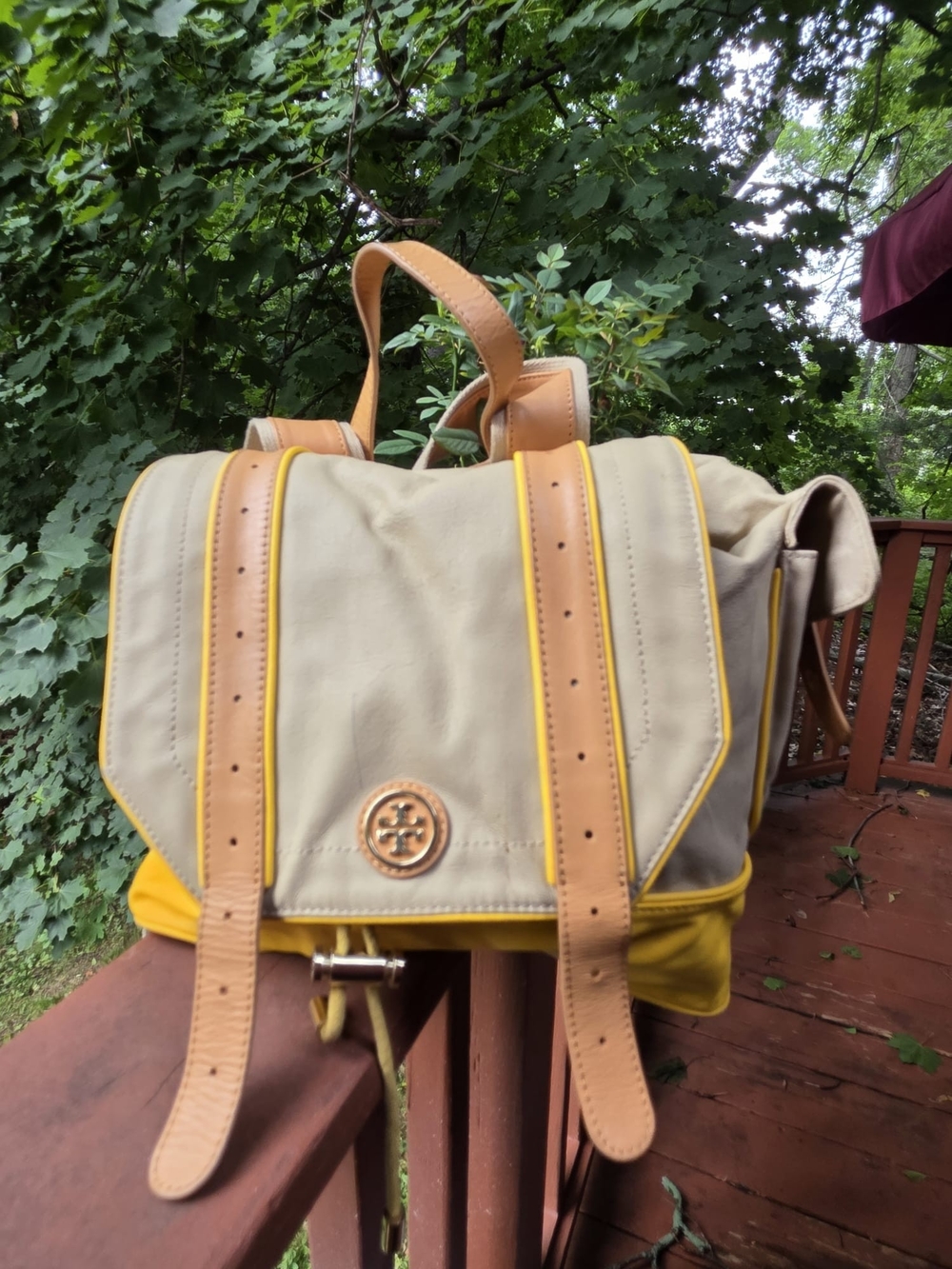 Tory Burch Beige and Yellow Canvas Backpack